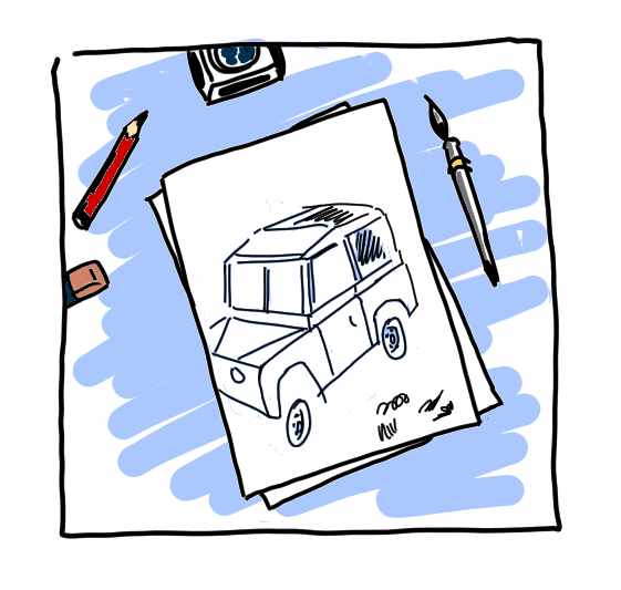 Land Rover SIIA sketch with dog
                and cat